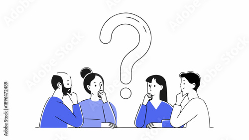 Diverse group of people contemplating a large question mark in a collaborative illustration