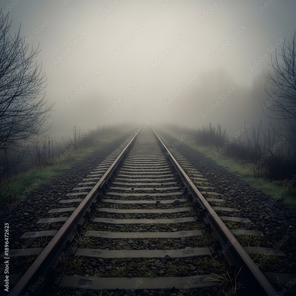 Obraz premium Abandoned railroad tracks disappear into foggy horizon with trees on either side