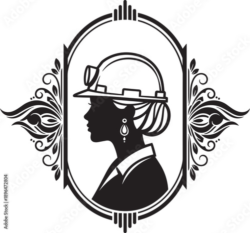 Elegant Black Silhouette Portrait of a Female Engineer Wearing a Hard Hat with Decorative Ornamental Frame Representing Women in Mining Construction and Industrial Professions