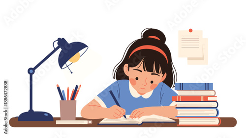 Young student girl sits at a desk concentrated on writing in her notebook surrounded by large stacks of books and a lamp.
