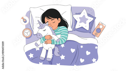 Young girl sleeps peacefully in her bed while hugging a soft plush unicorn toy under a purple star patterned blanket at night.