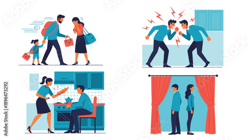 Four illustrations depicting various scenes of domestic conflict and loud arguments between a couple in different house rooms.