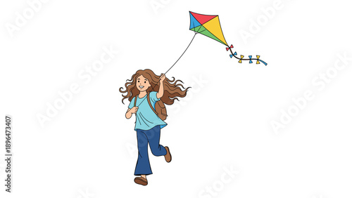Young girl with long wavy hair runs happily while flying a colorful kite in the bright open air during a beautiful summer day.