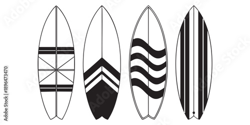 Four black and white surfboard with geometric and wavy patterns surfing water sports