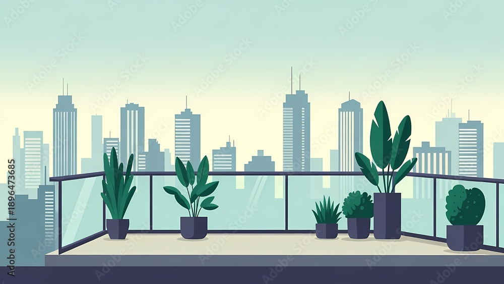 Fototapeta premium Urban balcony garden with potted plants overlooking city skyline - flat vector illustration, tranquil outdoor space