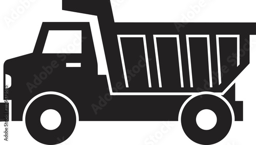 Black and white dump truck silhouette isolated on white background representing heavy machinery, industrial transport, construction equipment, logistics services, and civil engineering work.