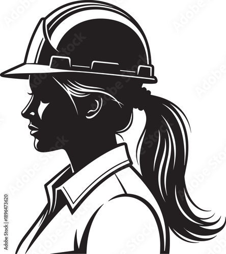 Professional female engineer or construction worker silhouette wearing hard hat and work shirt with ponytail hairstyle isolated on white background for industrial labor concepts.