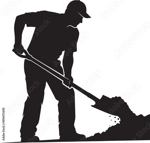 Black and white silhouette of a professional male worker or landscaper digging soil with a shovel for construction, gardening, and manual labor concepts.