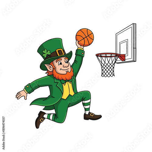 Leprechaun slam dunking basketball in festive cartoon style