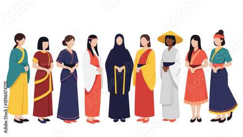 Diverse group of women from various cultures standing together while wearing beautiful and colorful traditional ethnic costumes.