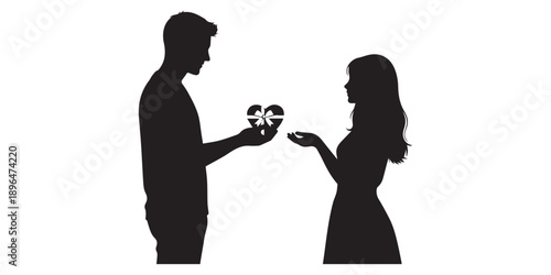 Romantic couple silhouettes proposing and embracing with diamond rings on white background for valentine's day or wedding invitations and love themed designs, Happy Valentine Day Couple Proposing 