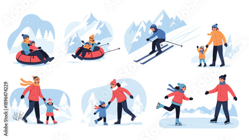 Set of illustrations depicting various winter sports and leisure activities including skiing skating and tubing for active families.