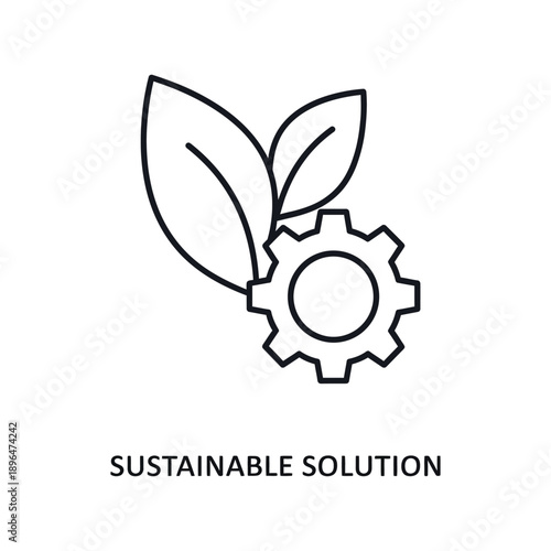 Sustainable solution gear with leaves in minimalist line art style with black outline on white background for eco-friendly branding