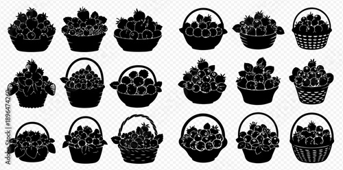 Collection of berry baskets, featuring various fruits like strawberries, blueberries, and raspberries, in a silhouette vector illustration.