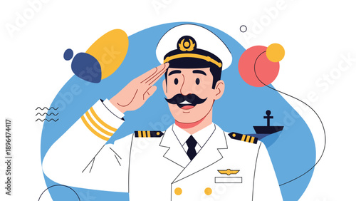 Confident ship captain in a white dress uniform and cap performs a military salute against a stylized blue sea background.