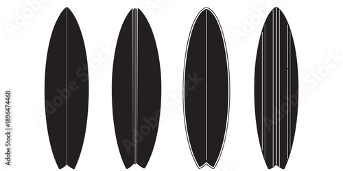 Four black surfboards with white stripe details on white background water sport