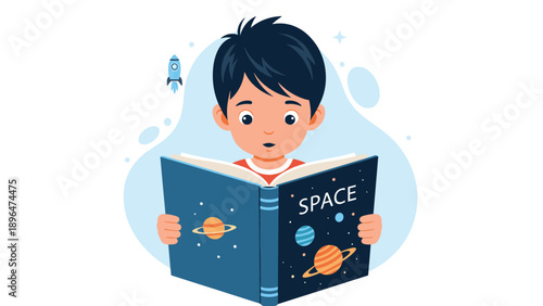 Young boy with wide eyes looks fascinated while reading a large book about space planets and exciting galactic exploration.
