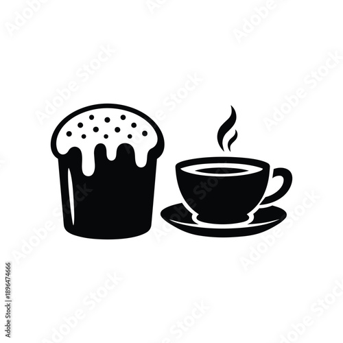 Black and white Easter cake with icing and hot coffee cup vector illustration
