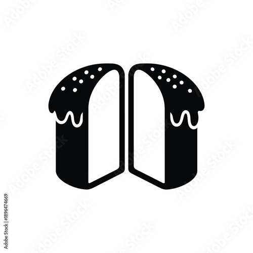 Black and white vector Easter cake icon sliced traditional holiday bread with glaze and sprinkles minimal design