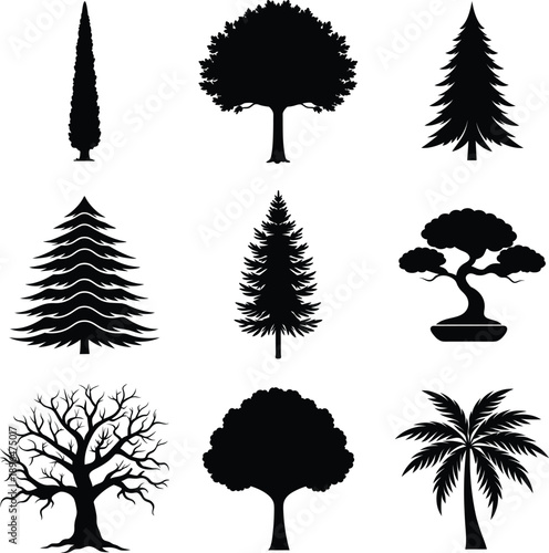 Nature tree silhouette icons set forest plant ecology symbol collection Vector illustration