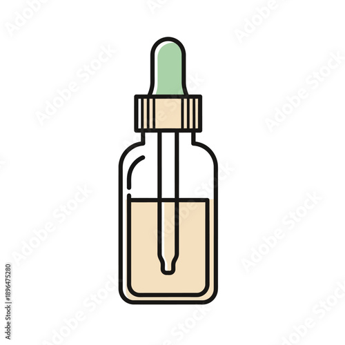A vector illustration of a glass dropper bottle with a pipette containing a light brown liquid, viewed from the front.