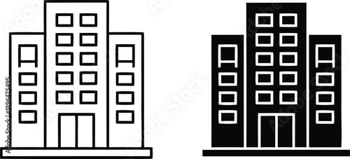 A simple black and white illustration of two modern buildings side by side
