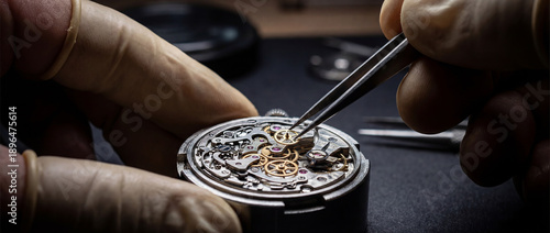 A close-up view of a watchmaker repairing a mechanical watch with tweezers in a workshop setting