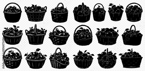 Set of black silhouettes of baskets filled with fresh fruits, berries, and apples, isolated on a transparent background.