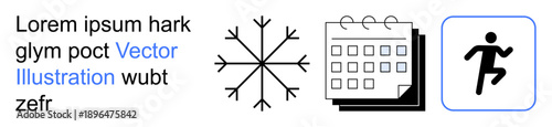 Seasonal planning, scheduling, physical fitness, activity tracking, weather, sporting events. A snowflake, calendar and running figure are . Seasonal planning and scheduling concept
