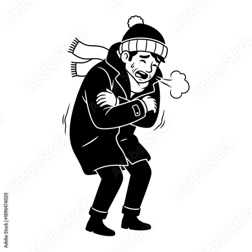 A shivering man bundled in winter clothing visibly affected by cold weather