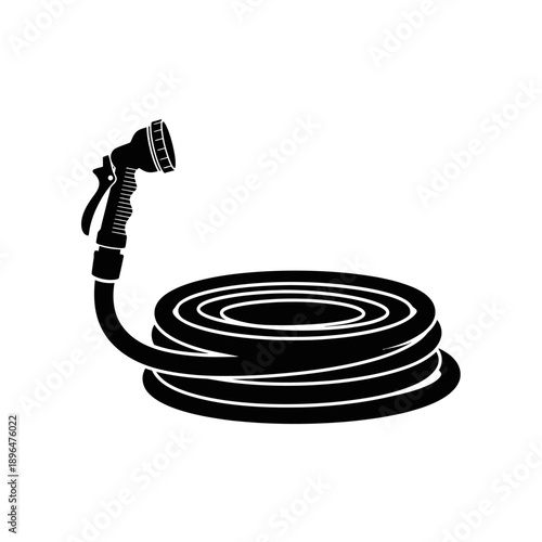A coiled garden hose with a spray nozzle depicted in black and white