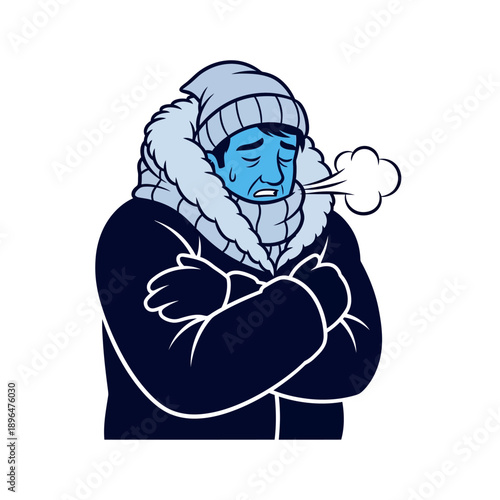 A blue skinned person shivering in the cold bundled in winter clothing