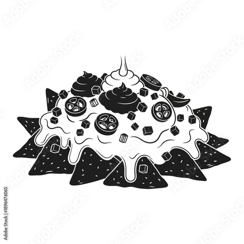 A black and white illustration of loaded nachos with cheese and toppings