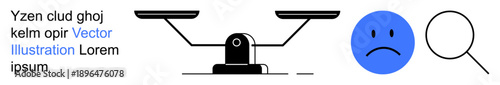 Justice, emotional well-being, problem-solving, law, decision-making, analysis. Black balance scale, blue sad face and magnifying glass. Justice and emotional well-being concept