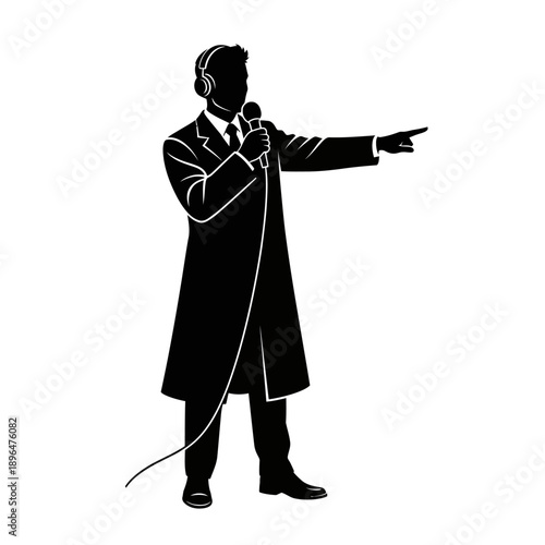 Silhouette of a man in a coat speaking into a microphone