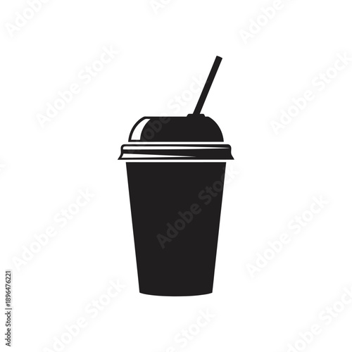 Simple black and white illustration of a plastic cup with a straw