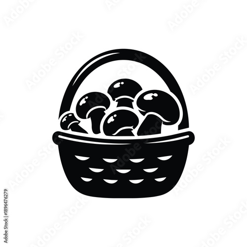 Black and white mushroom harvest in basket vector illustration