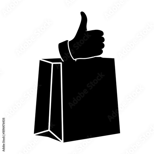 A black silhouette of a hand giving a thumbs up from a shopping bag