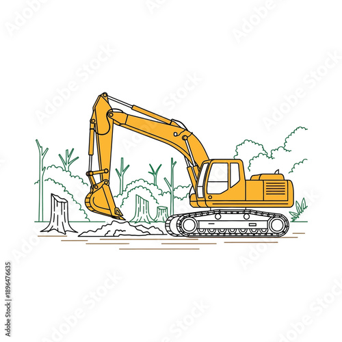 Heavy machinery excavator operating in a deforested area with stumps and trees, illustration view