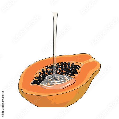 A halved papaya with seeds and juice