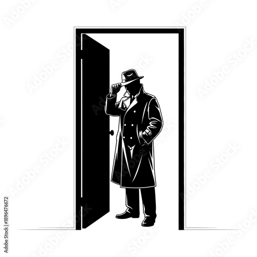 A shadowy figure in a fedora stands framed within a doorway