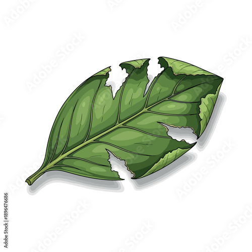 An illustration of a damaged green leaf with holes and tears on a white background.