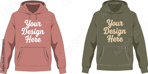 Hoodie mockup illustration with customizable text design, flat vector pullover sweatshirt front view in two colors for apparel branding, print and fashion presentation