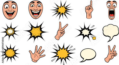 comic book character face and hand gesture set with speech bubbles for pop art sticker design vector.