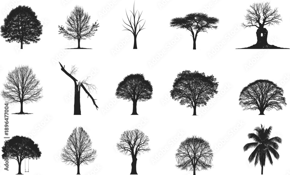 Fototapeta premium Collection of diverse black tree silhouettes against a white background representing nature and forestry silhouette
