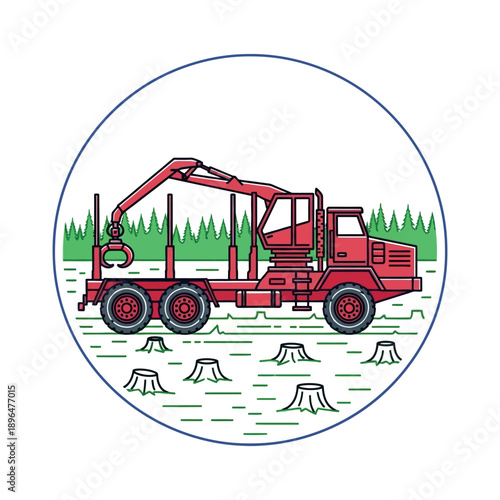 A red logging truck hauls tree trunks through a forest clearing with stumps.