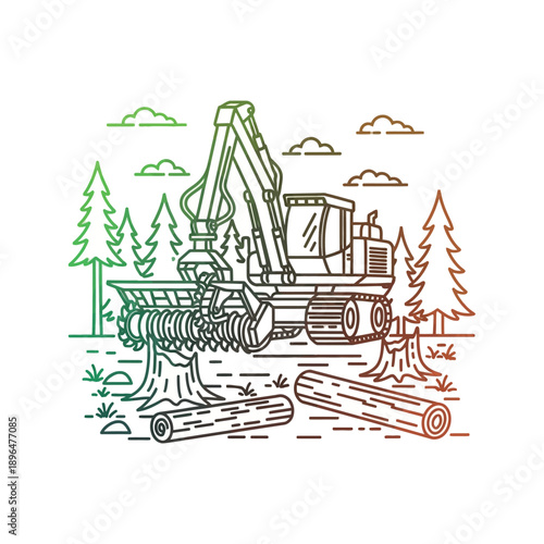 An excavator is cutting down trees in a forest with logs on the ground.