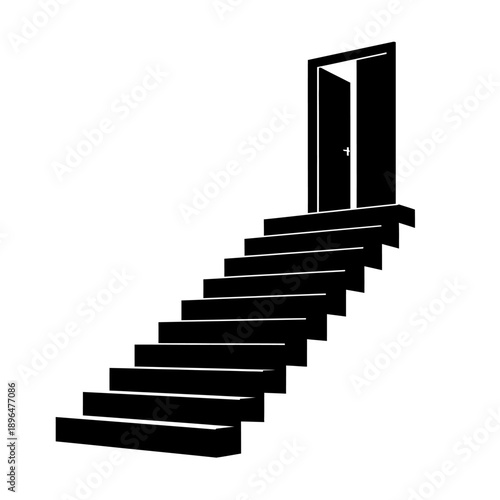 Black and white illustration of stairs leading to an open doorway