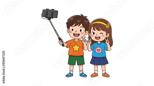Children Using Selfie Stick for Fun Photo