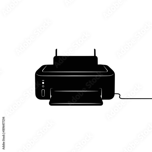 Simple black silhouette of a modern inkjet printer with power cable
